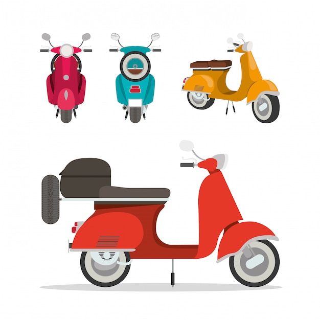 diseño de conjunto de motocicletas scooter, transporte, viaje, viaje, velocidad del motor urbano, automoción y tema de conducción