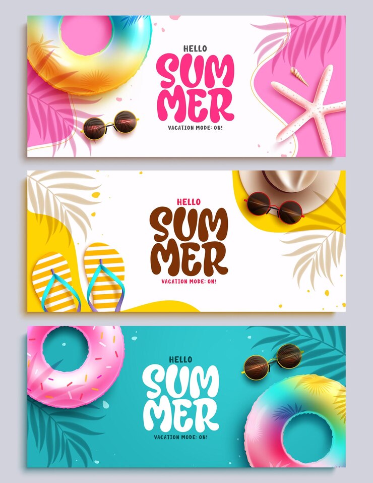 Vector diseño de conjunto de pancartas de saludos de verano saludos de texto de verano con elementos tropicales y estacionales de playa
