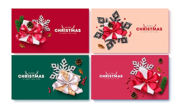 El diseño del conjunto de pancartas vectoriales de felicitaciones de Navidad El texto de felicitación de Navidad con cajas de regalos