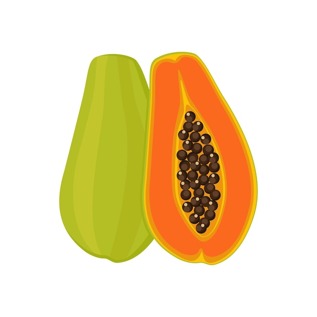 Diseño de conjunto de papaya de fruta tropical entera aislada a la mitad Comida vegana exótica en vector plano detallado