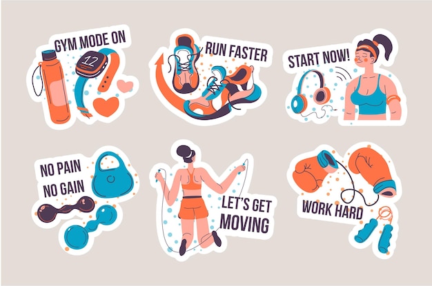 Diseño de conjunto de pegatinas con concepto de fitness deportivo.