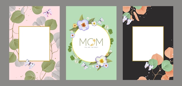 Diseño de conjunto de plantillas de clipart para el día de la madre Hermosas flores en el marco con plantas de fondo coloridas