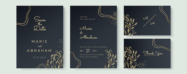 Diseño de conjunto de plantillas de invitación de boda. los elementos de textura floral dorada y los marcos dorados sobre un fondo negro están dibujados a mano.