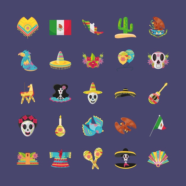 Diseño de conjunto de símbolos de estilo detallado mexicano, cultura de México