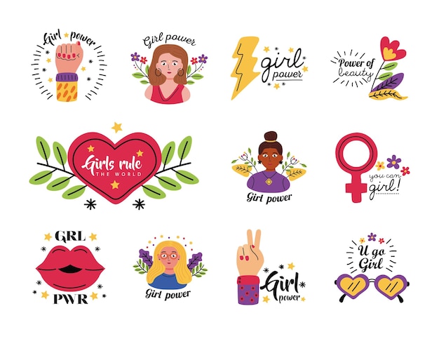 Vector diseño de conjunto de símbolos de poder femenino de empoderamiento de la mujer feminismo femenino y ilustración del tema de los derechos