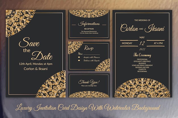 Diseño de conjunto de tarjeta de invitación de boda de lujo con fondo de color de agua vector premium