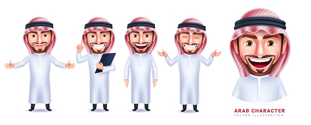 Diseño de conjunto de vectores de caracteres árabes. Personajes de hombre árabe saudí con cara sonriente y poses de pie.