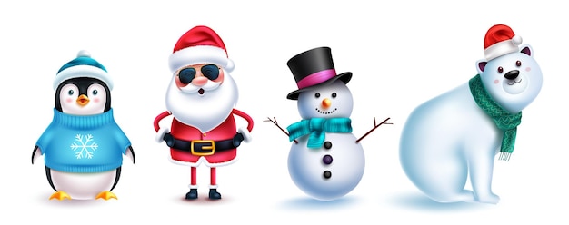 Diseño de conjunto de vectores de caracteres navideños. Personajes de santa claus, pingüino, oso polar y muñeco de nieve.