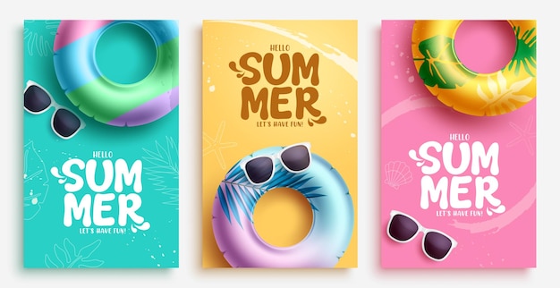Diseño de conjunto de vectores de carteles de saludo de verano Hola texto de verano con flotadores y gafas de sol en la playa