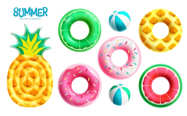 Diseño de conjunto de vectores de elementos de verano. Flotadores de verano y piscina de pelotas de playa y playa flotante
