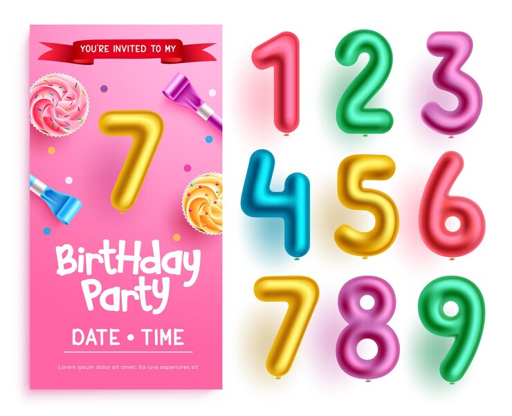 Vector diseño de conjunto de vectores de números de cumpleaños. kit de invitación de cumpleaños con globos de número de edad editables.
