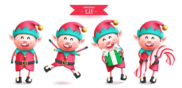 Vector diseño de conjunto de vectores de personajes de elfos navideños personaje de elfos navideños con bastón de caramelo y regalo