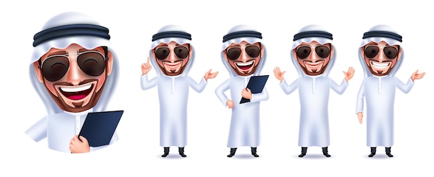 Diseño de conjunto de vectores de personajes de hombre árabe. Un hombre saudita, un personaje genial y guapo con una colección de gafas de sol.