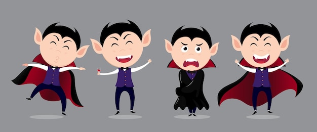 Diseño de conjunto de vectores de personajes de hombre vampiro de Halloween Colección de personajes de Drácula de Halloween en lindo