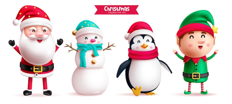 Vector diseño de conjunto de vectores de personajes navideños navidad santa claus muñeco de nieve pingüino y elfo dibujos animados