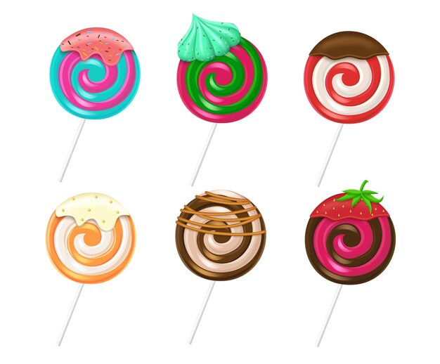 Diseño de conjunto de vectores de postres de piruletas Colección de caramelos de piruletas con aderezos de sabor