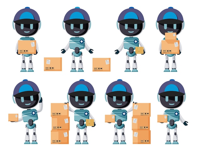 Diseño de conjuntos de vectores de entrega de robots. personajes robóticos con elementos de mensajería de casco y cajas.