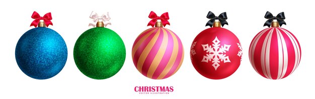 Diseño de conjuntos vectoriales de bolas de Navidad bola de Navidad 3d con patrones coloridos imprimir cintas