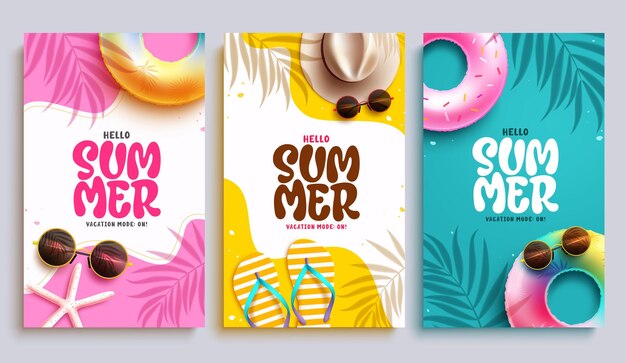 Vector diseño de conjuntos vectoriales de carteles de saludo de verano saludo de texto de verano con flotadores sombrero flip-flop