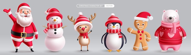 Diseño de conjuntos vectoriales de personajes navideños Personaje navideño Santa Claus Hombre de nieve Rano pingüino