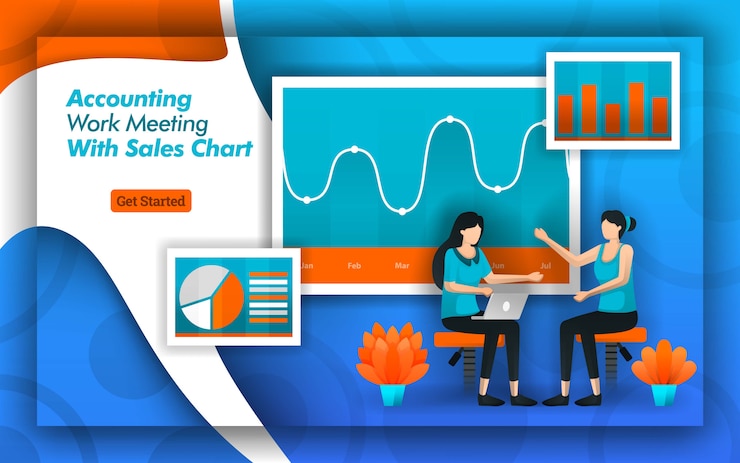 Vector diseño contable para reuniones con modernos gráficos de ventas.