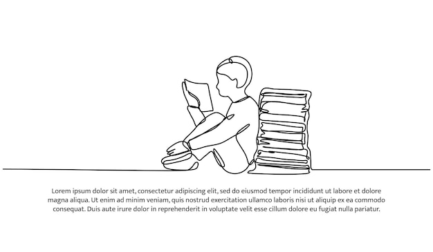 Diseño continuo de una línea de un niño pequeño leyendo un libro