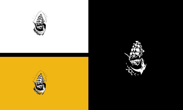 Diseño de contorno de ilustración de vector de tiburón y barco