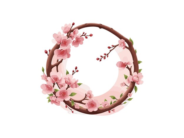 Diseño de corona de acuarela, flores y hojas de sakura, plantilla de boda de saludo, borde de marco redondo