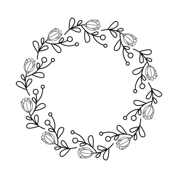 Diseño de corona circular floral negra y blanca con ramas graciosamente curvas hojas y floración
