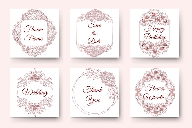 Diseño de corona de flores dibujadas a mano con elementos florales para tarjeta de invitación de boda de año nuevo de cumpleaños