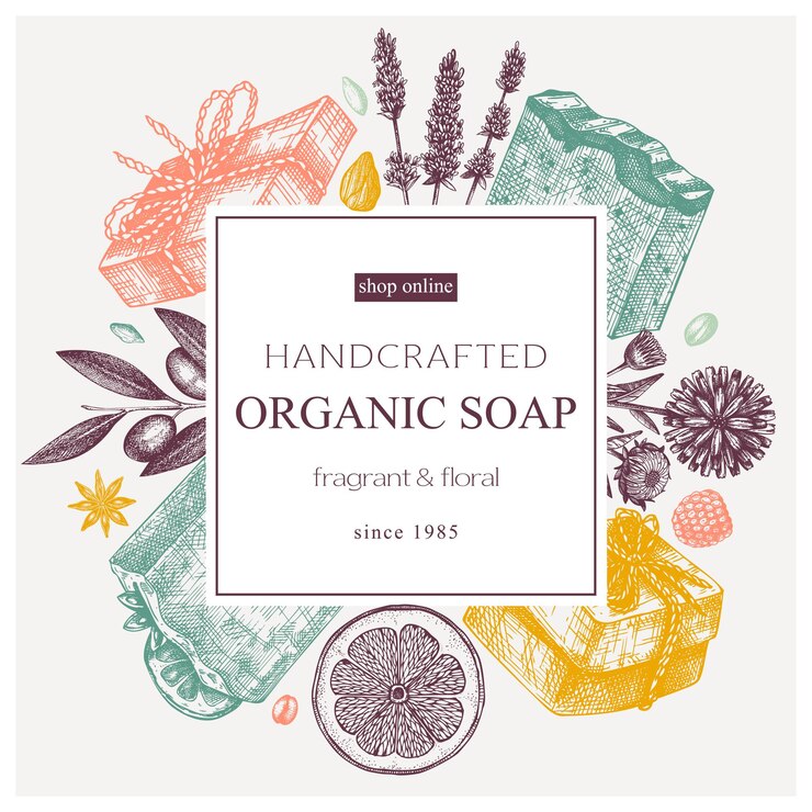 Vector diseño de corona de jabón orgánico en color materiales aromáticos dibujados a mano e ingredientes naturales