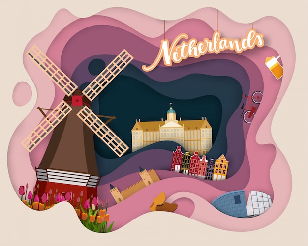 Diseño de corte de papel de turismo de Holanda.