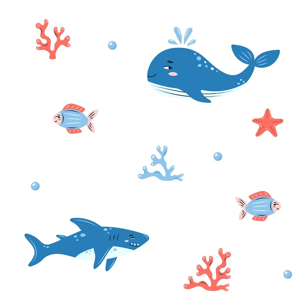 Diseño sin costuras vida marina animales marinos ballenas peces y tiburones sobre fondo blanco Ilustración vectorial