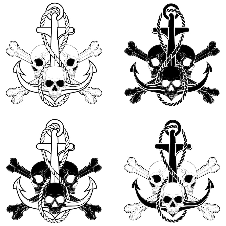 Vector diseño de cráneo y ancla con cuerda y huesos