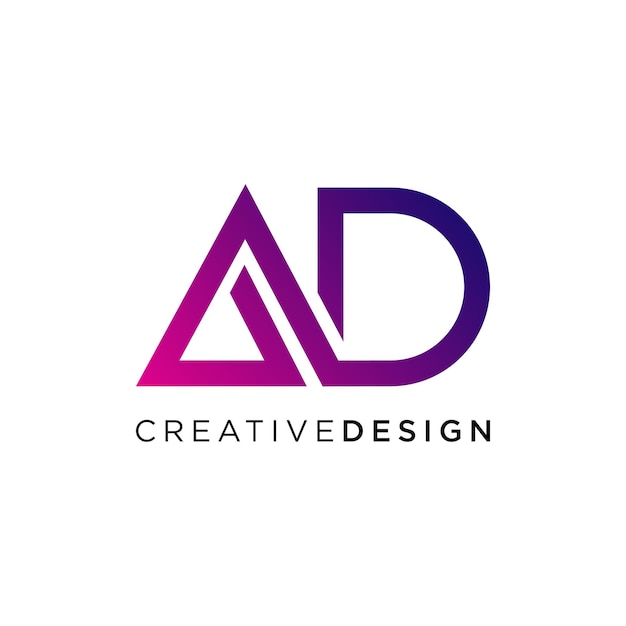 Diseño creativo del logotipo de AD con gradiente púrpura