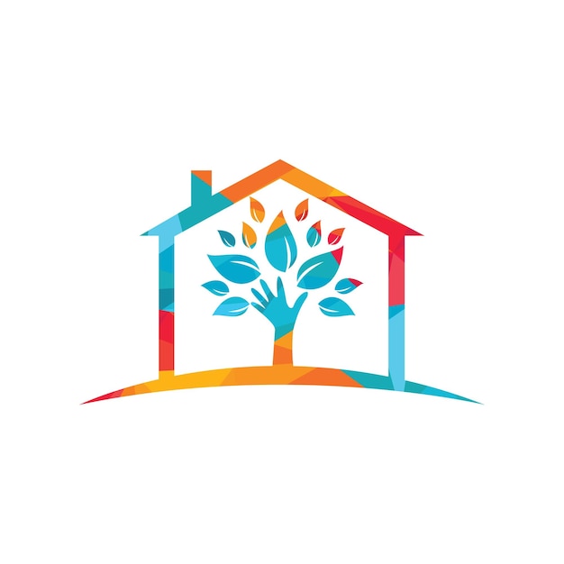 Diseño creativo del logotipo de la casa y el árbol de la mano verde.
