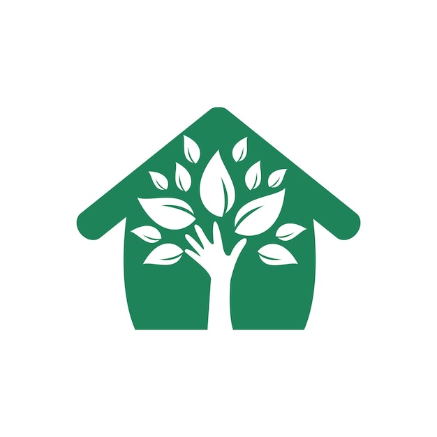 Diseño creativo del logotipo de la casa y el árbol de la mano verde.