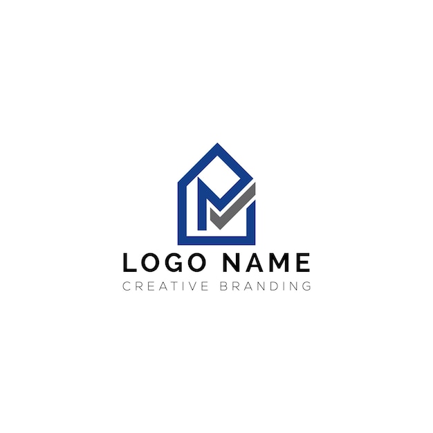 Diseño creativo del logotipo con una forma de casa azul con M y Check