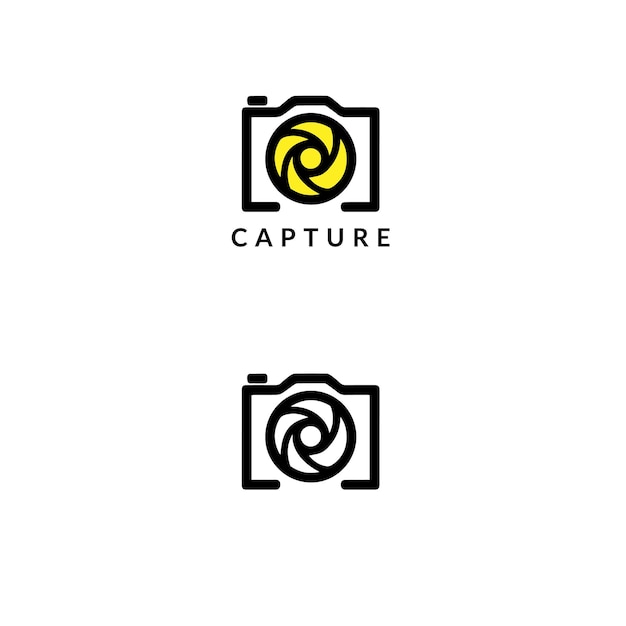 Diseño creativo de logotipo para una marca de fotografía que muestra una cámara y una apertura estilizada