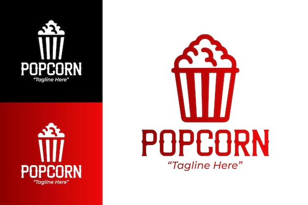 Diseño creativo del logotipo de las palomitas de maíz con colores rojos y negros para la marca de negocios de palomites de maíz