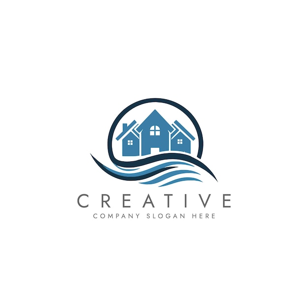 Diseño creativo de logotipos inmobiliarios con casas y olas de agua