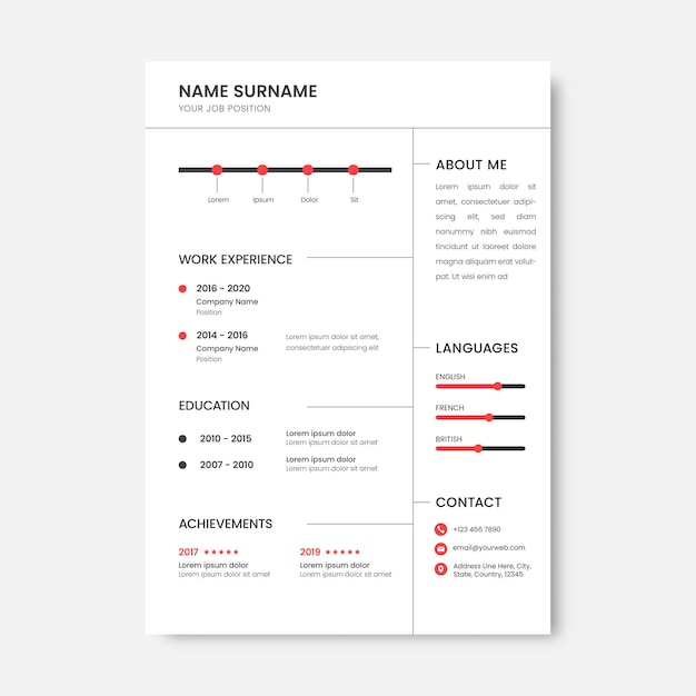 Diseño creativo de plantilla de cv o curriculum vitae con detalles personales en color blanco.