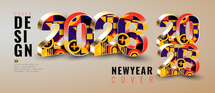 Vector diseño creativo de la portada del año nuevo 2026 con patrones geométricos abstractos muestra la celebración de las vacaciones
