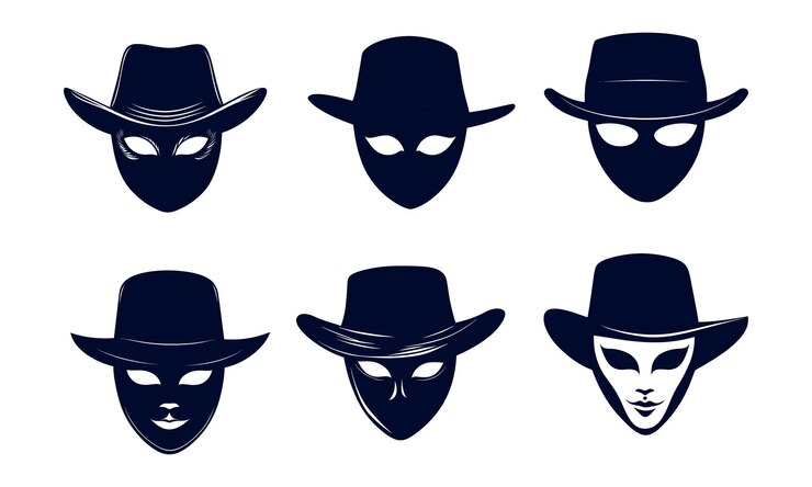 Vector diseño creativo con sombreros de vaquero emparejados con máscaras misteriosas que mezclan temas occidentales con intriga en un estilo de arte gráfico