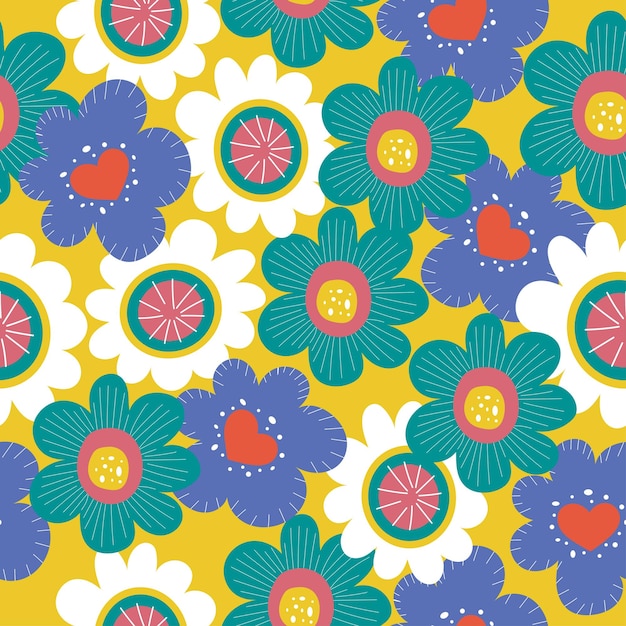 Diseño cuadrado brillante sin costuras con flores de garabato dibujadas a mano Patrón vectorial sobre fondo amarillo