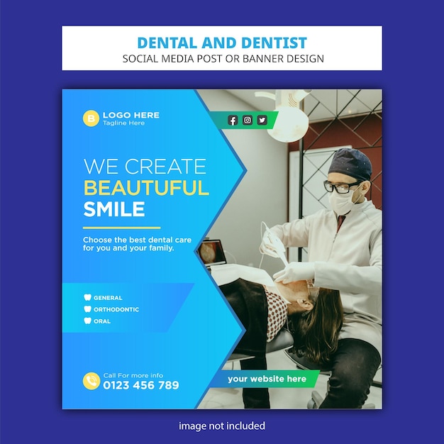 Diseño cuadrado de publicación de redes sociales modernas para dentista y atención dental o plantilla de banner y volante