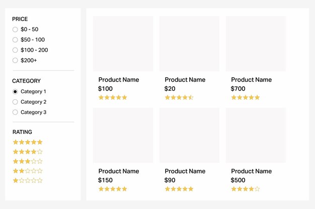 Diseño de cuadrícula de productos en línea con filtros de barra lateral y calificaciones