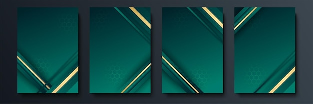 Diseño de cubiertas minimalistas vectoriales con degradado y formas geométricas de líneas de intersección. Diseño de banner verde oscuro y dorado. Conjunto de plantillas de portada moderna