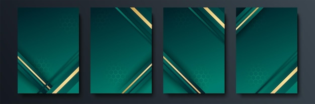 Vector diseño de cubiertas minimalistas vectoriales con degradado y formas geométricas de líneas de intersección. diseño de banner verde oscuro y dorado. conjunto de plantillas de portada moderna