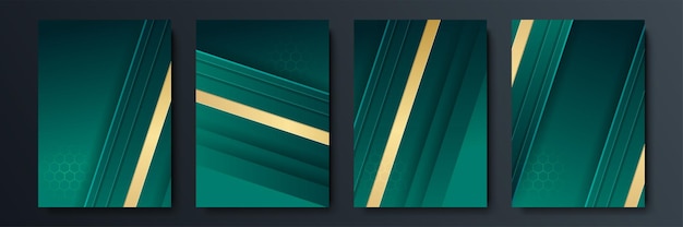 Diseño de cubiertas minimalistas vectoriales con degradado y formas geométricas de líneas de intersección. diseño de banner verde oscuro y dorado. conjunto de plantillas de portada moderna
